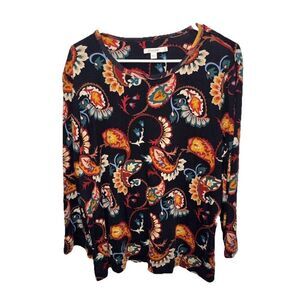 Chico's Paisley Long Sleeve Top Black Stretch Pullover XXL US 4 Buttons